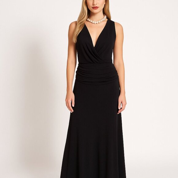 Paula Hermanny Black Maxi Dress NWT Evening Gown with Deep V Neck Open Back - Picture 1 of 11